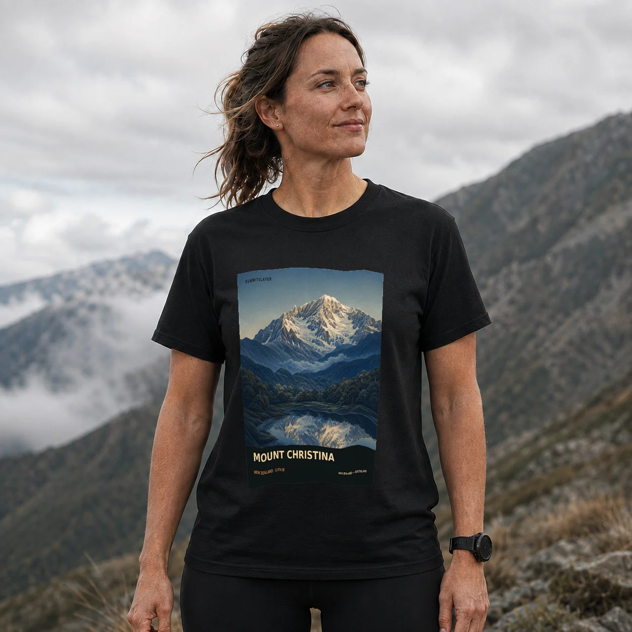 Black Mount Christina T-shirt front with mountain artwork