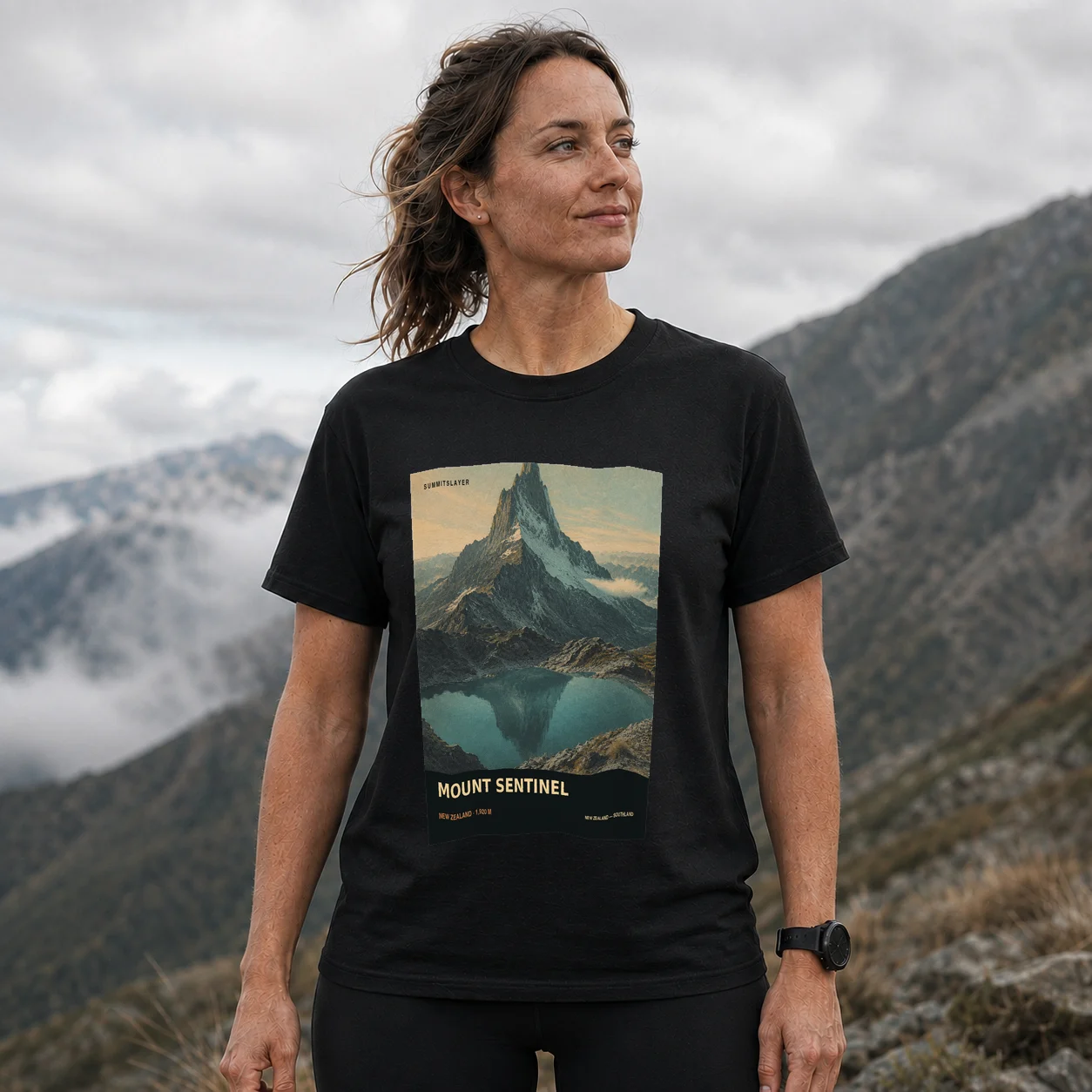 Black Mount Sentinel T-shirt front with mountain artwork