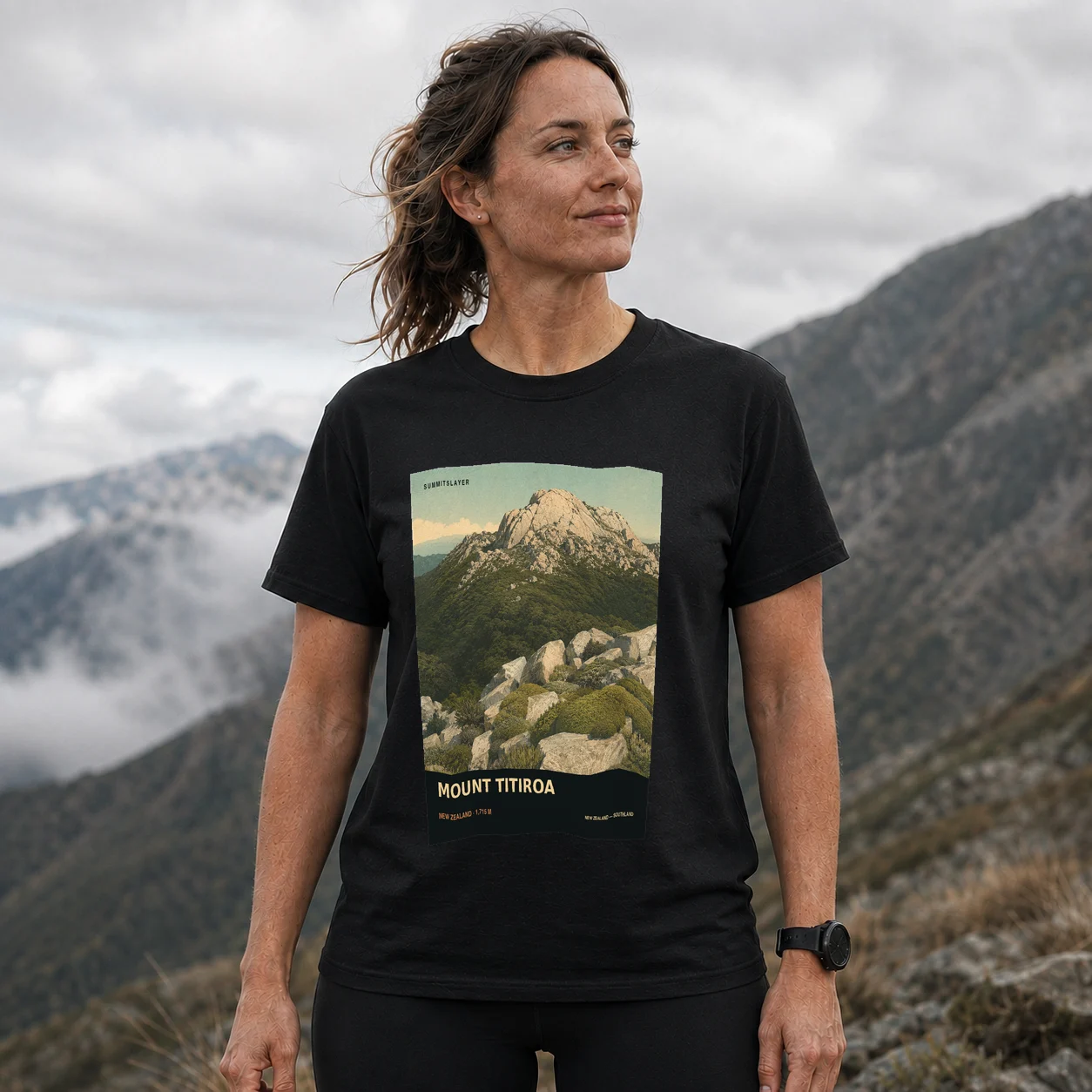 Black Titiroa T-shirt front with mountain artwork