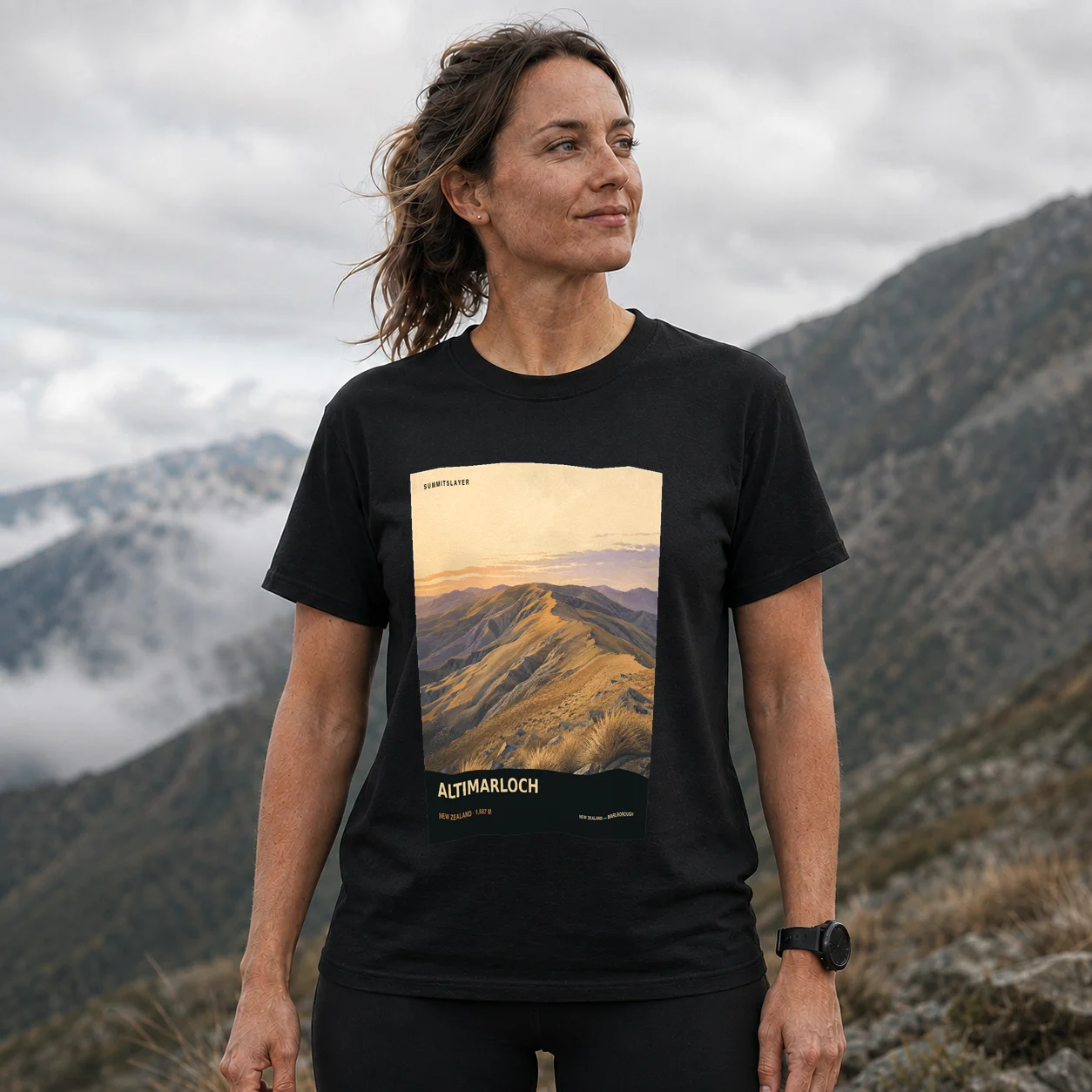 Black ALTIMARLOCH T-shirt front with mountain artwork