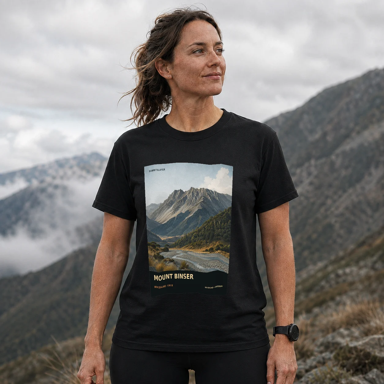 Black MOUNT BINSER T-shirt front with mountain artwork