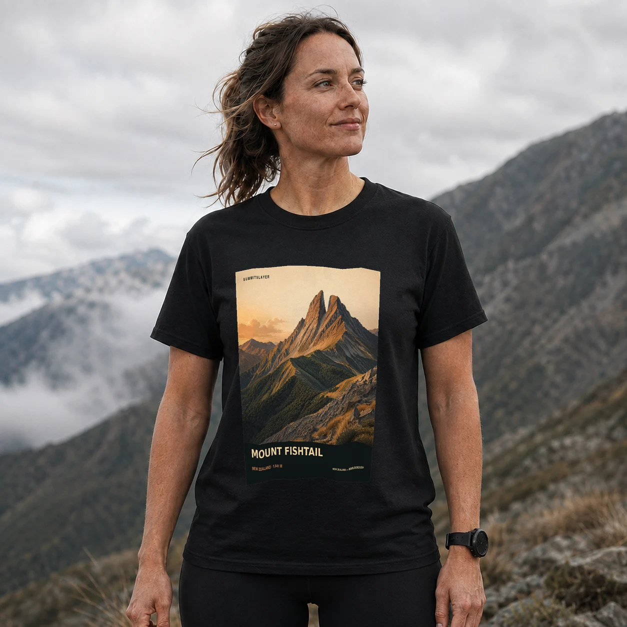 Black MOUNT FISHTAIL T-shirt front with mountain artwork