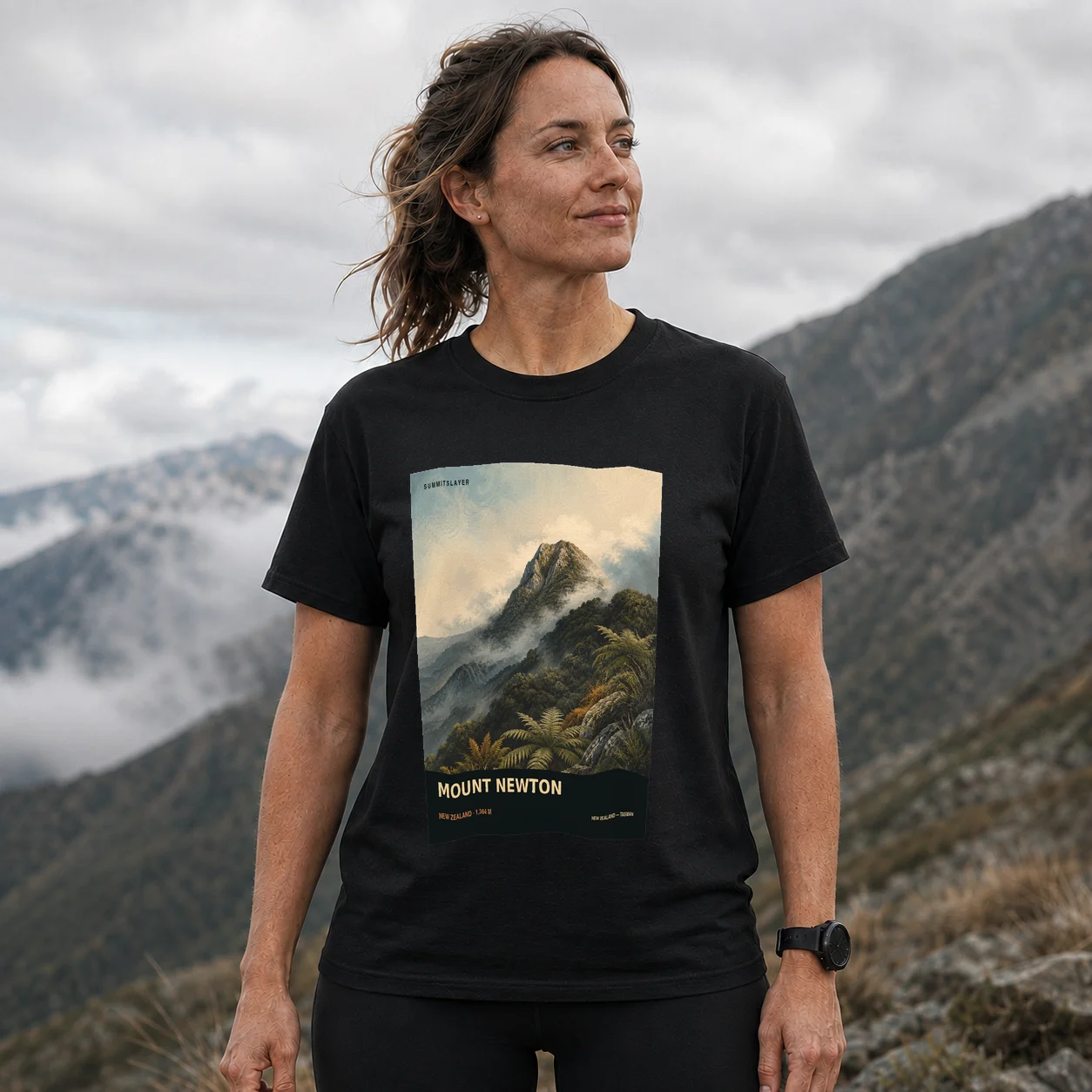 Black MOUNT NEWTON T-shirt front with mountain artwork