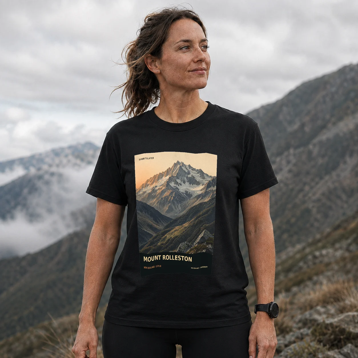 Black MOUNT ROLLESTON T-shirt front with mountain artwork
