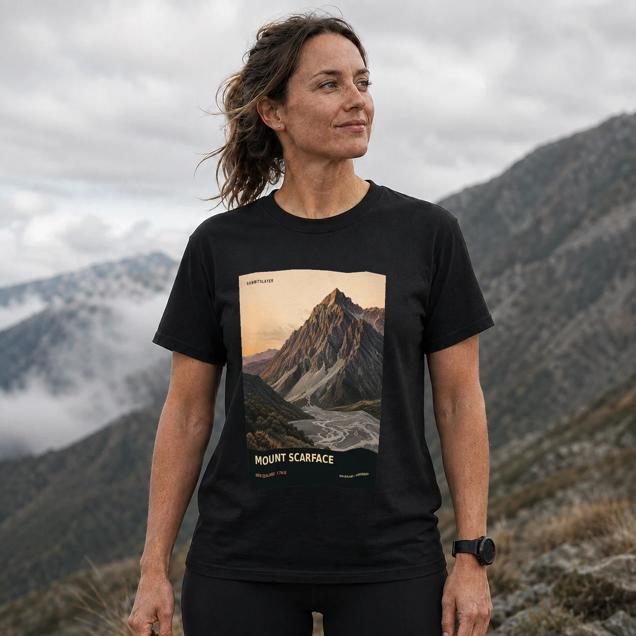 Black MOUNT SCARFACE T-shirt front with mountain artwork