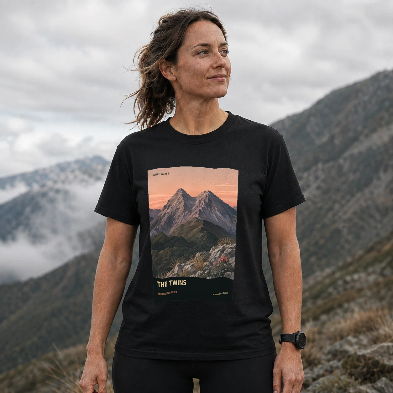 Black THE TWINS T-shirt front with mountain artwork