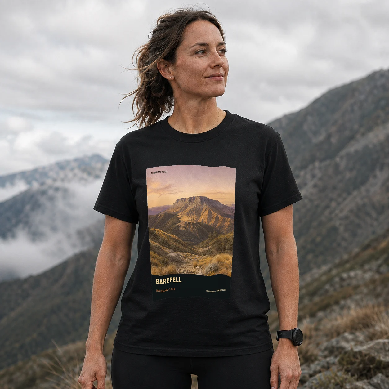 Black Barefell T-shirt front with mountain artwork