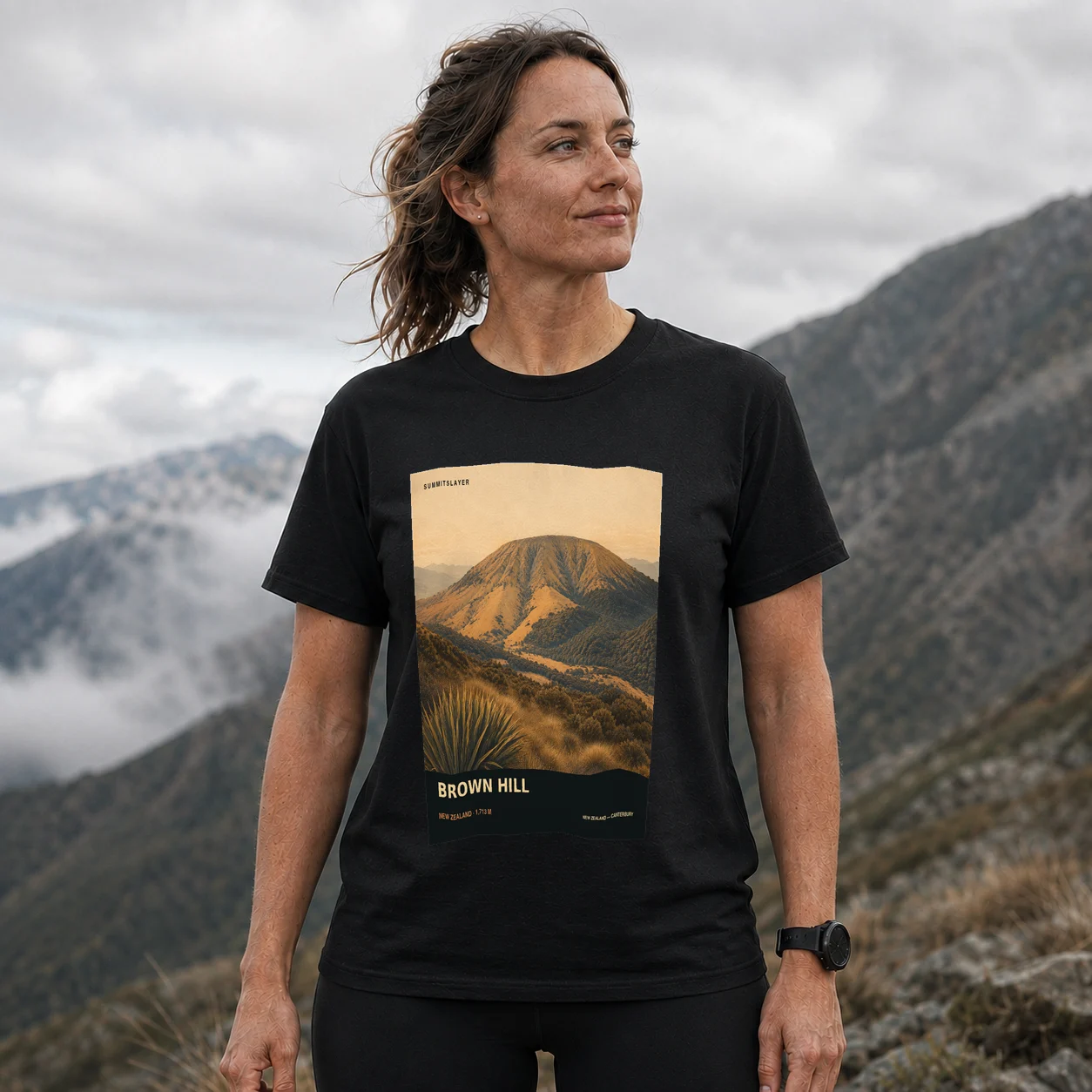 Black Brown Hill T-shirt front with mountain artwork
