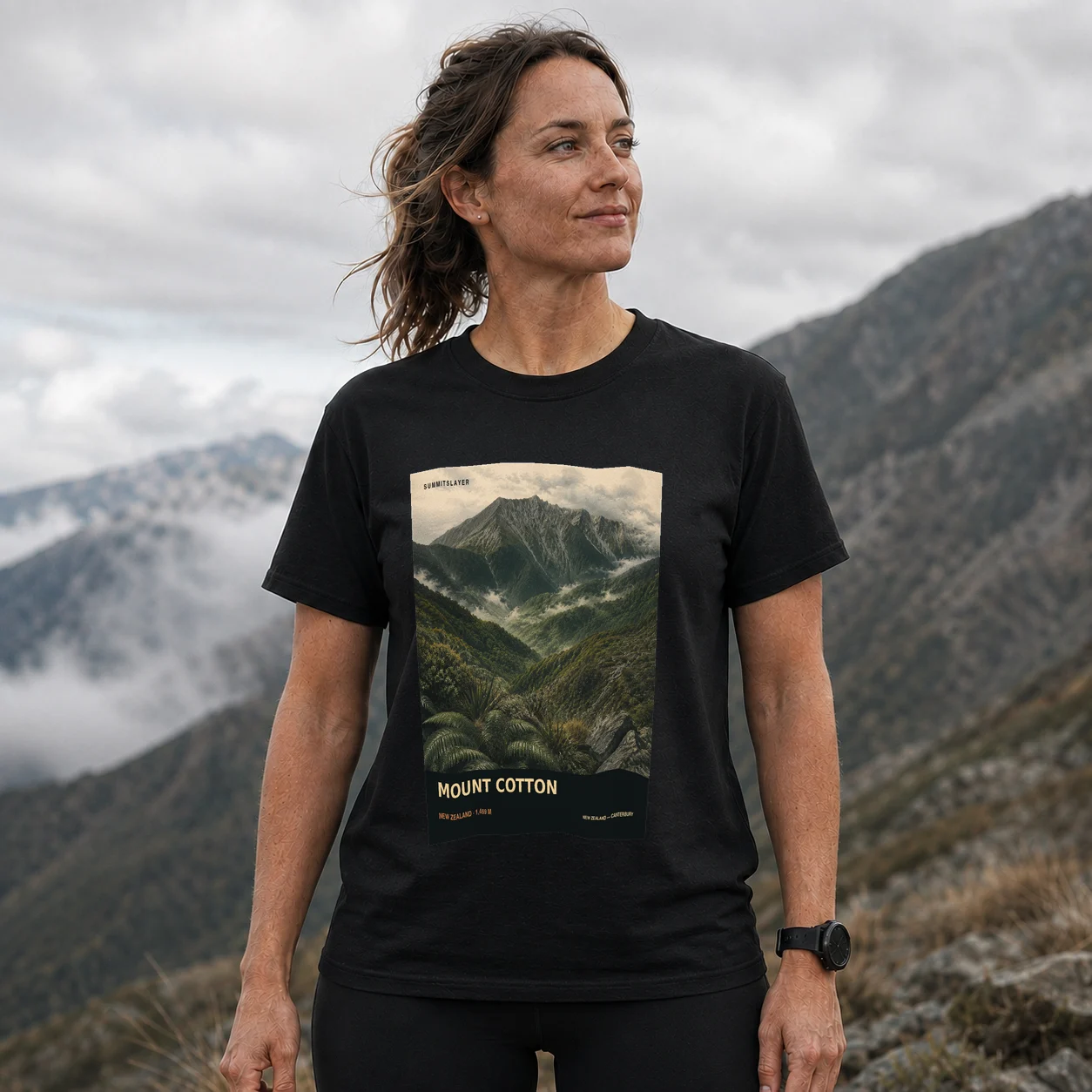 Black Mount Cotton T-shirt front with mountain artwork