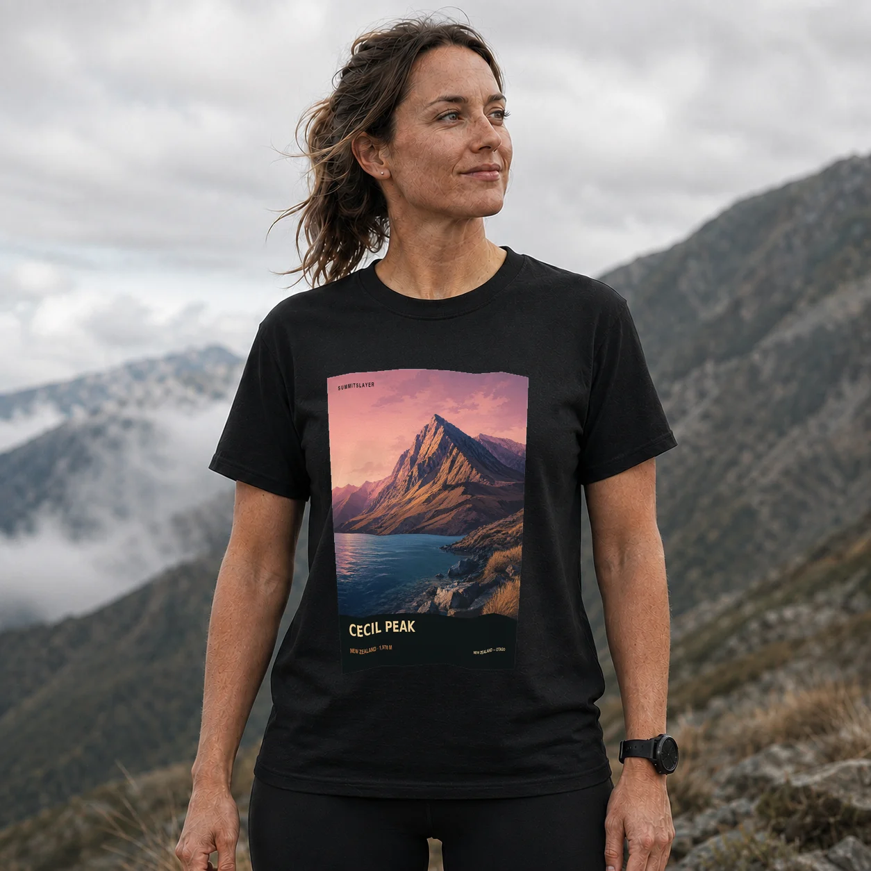 Black Cecil Peak T-shirt front with mountain artwork