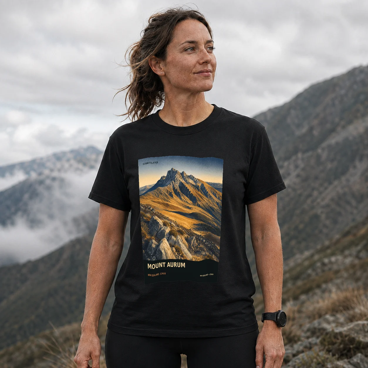 Black Mount Aurum T-shirt front with mountain artwork