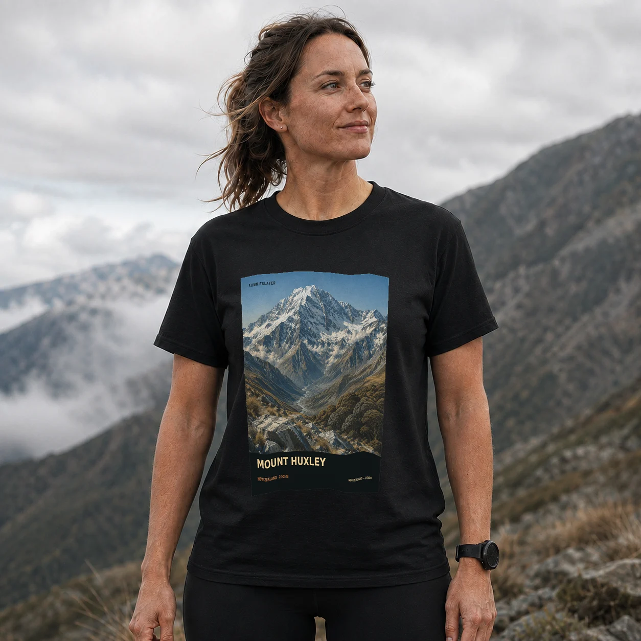Black Mount Huxley T-shirt front with mountain artwork