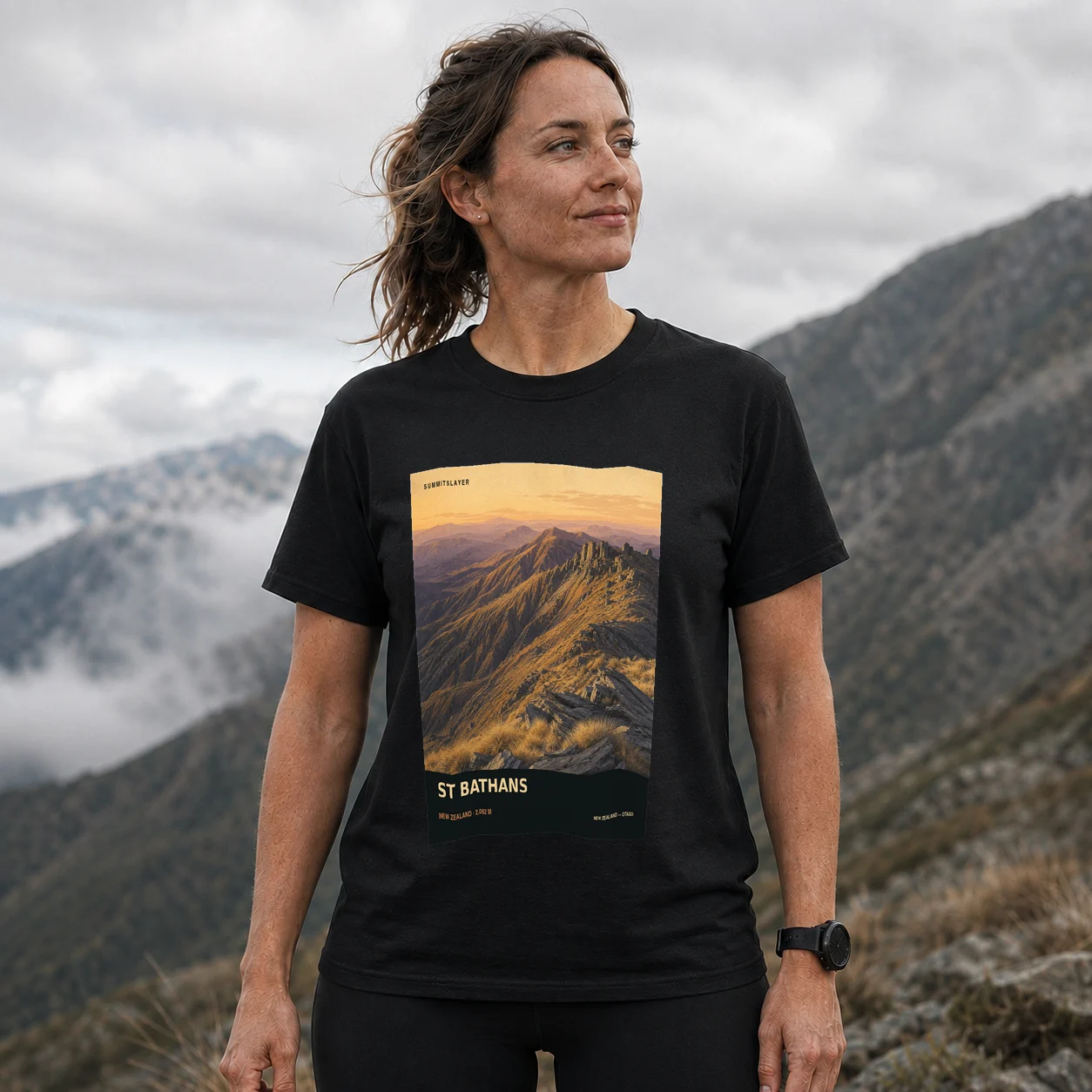 Black Mount Saint Bathans T-shirt front with mountain artwork