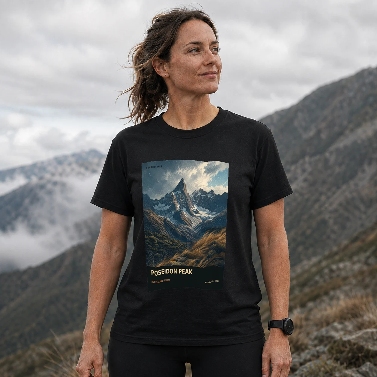 Black Poseidon Peak T-shirt front with mountain artwork