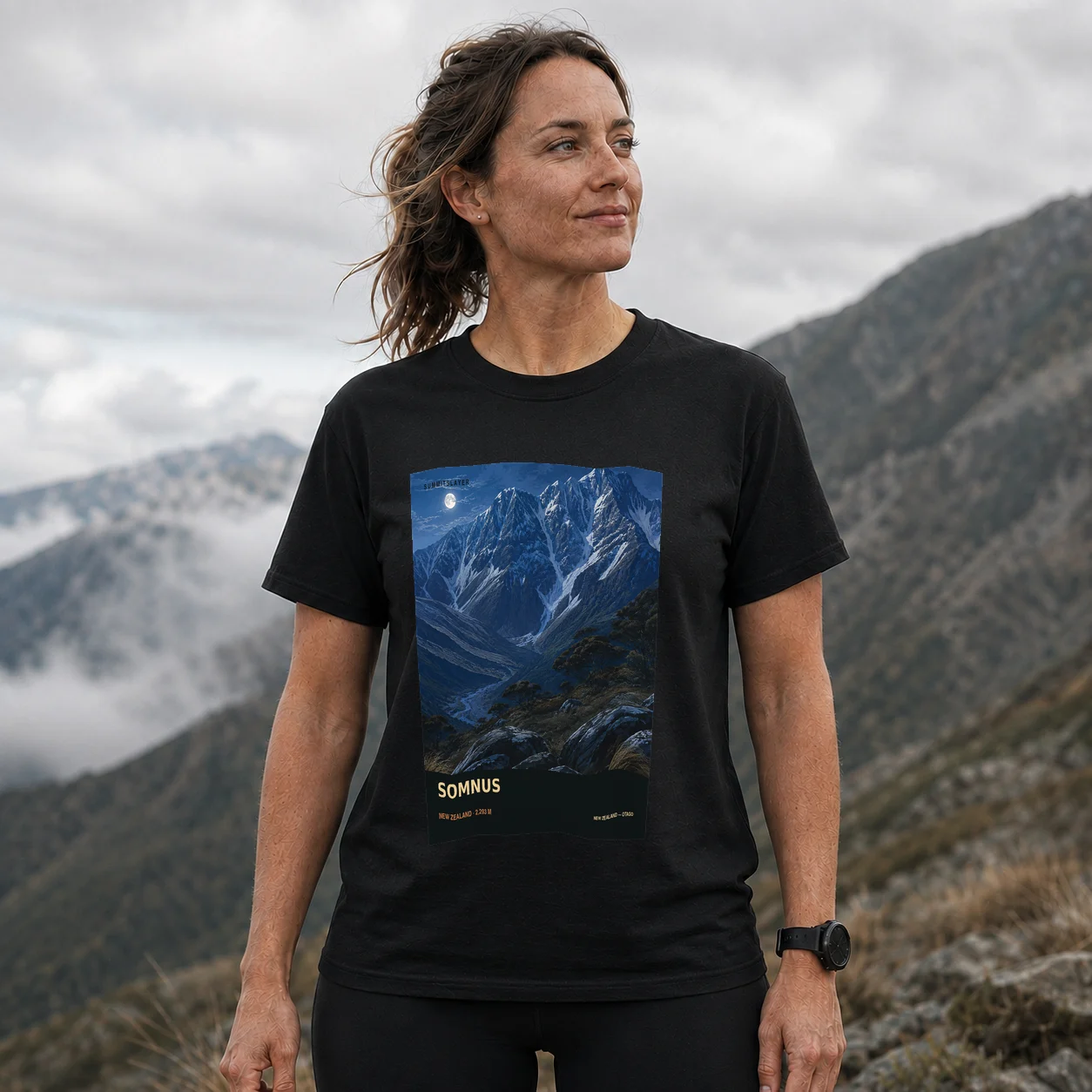 Black Somnus T-shirt front with mountain artwork