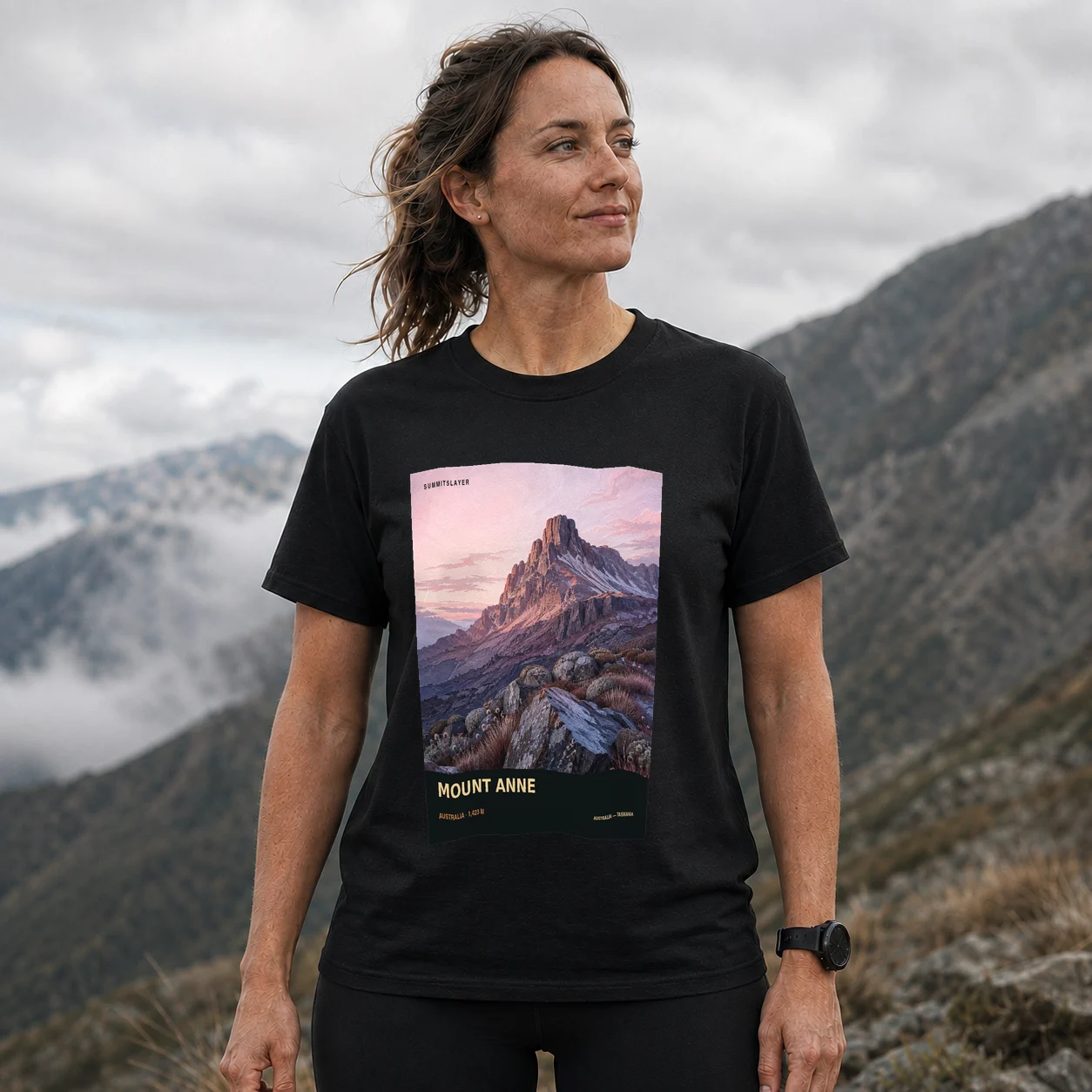 Black Mount Anne T-shirt front with mountain artwork