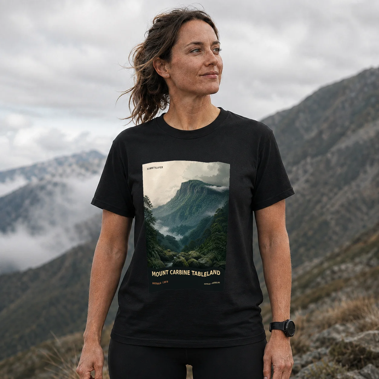 Black MOUNT CARBINE TABLELAND T-shirt front with mountain artwork