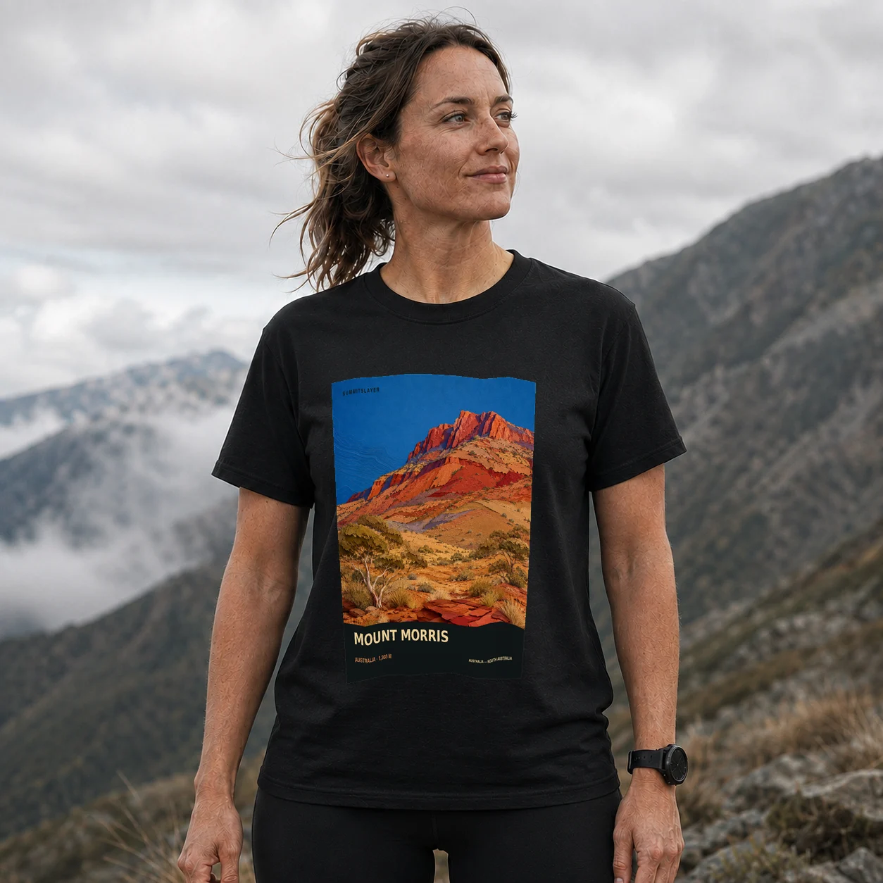Black MOUNT MORRIS T-shirt front with mountain artwork