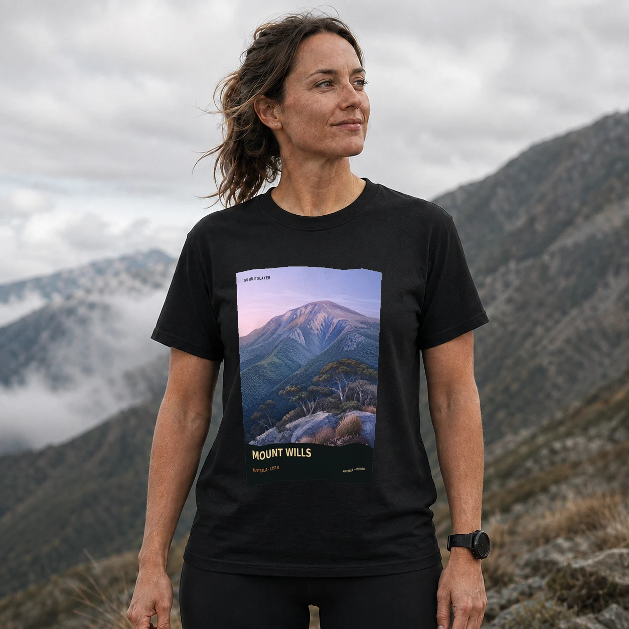 Black Mount Wills T-shirt front with mountain artwork