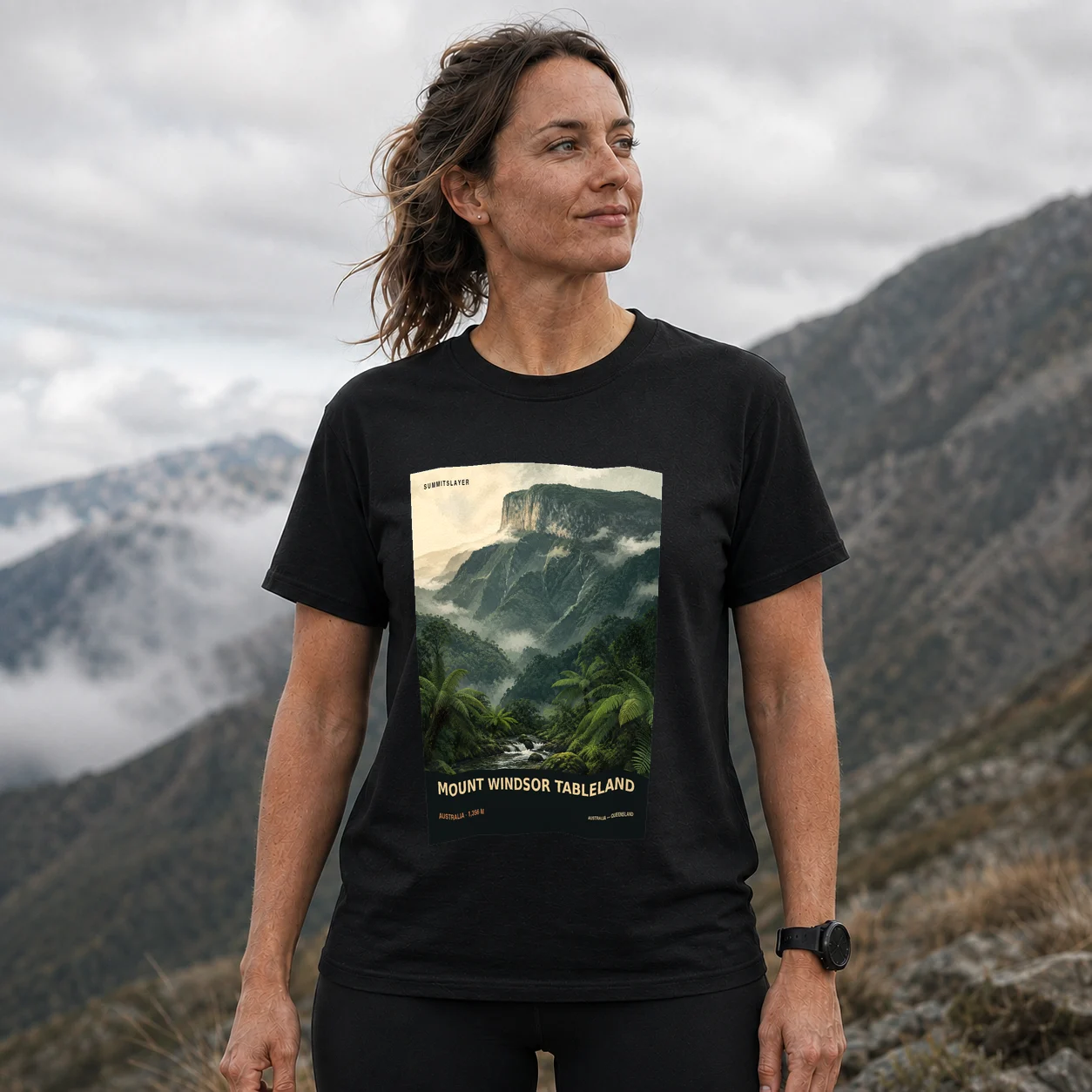 Black MOUNT WINDSOR TABLELAND T-shirt front with mountain artwork