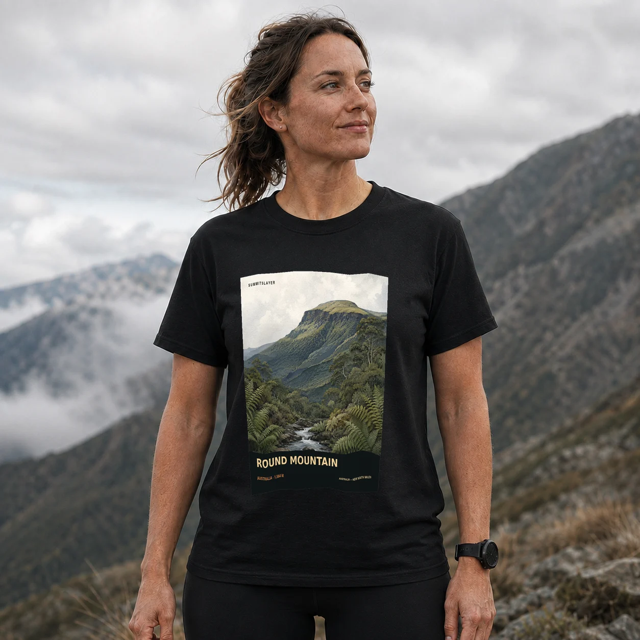 Black The Round Mountain T-shirt front with mountain artwork