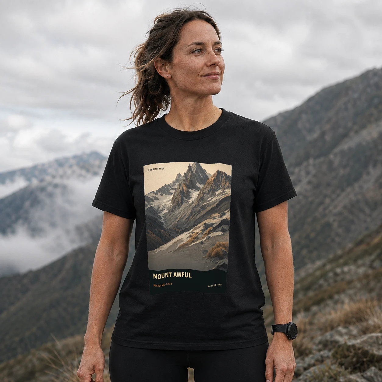 Black MOUNT AWFUL T-shirt front with mountain artwork