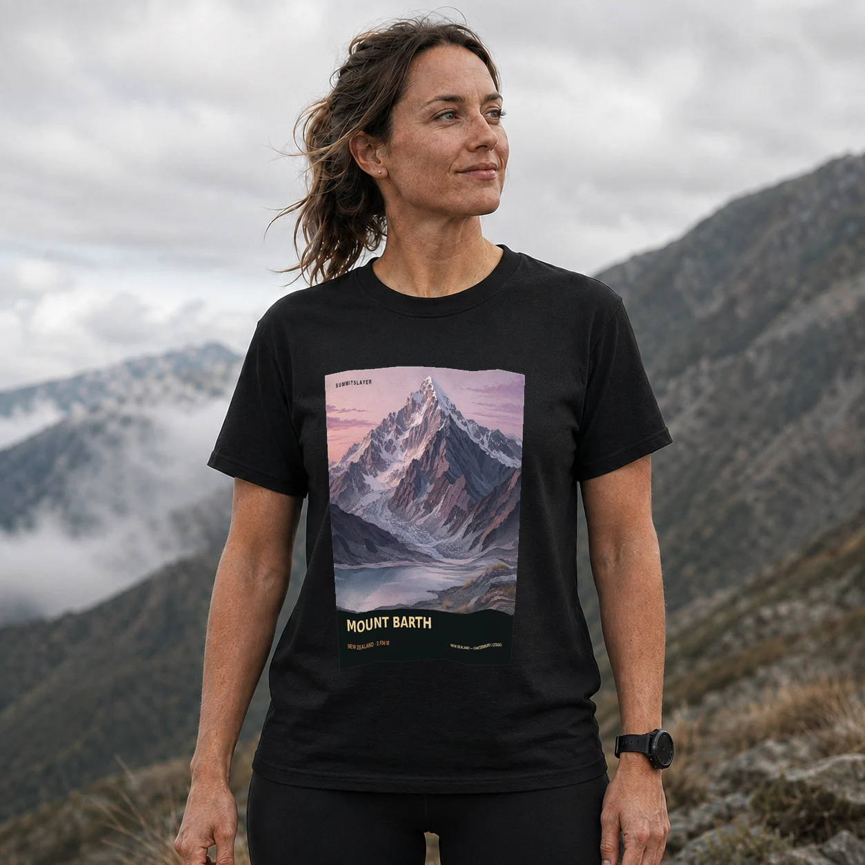 Black MOUNT BARTH T-shirt front with mountain artwork