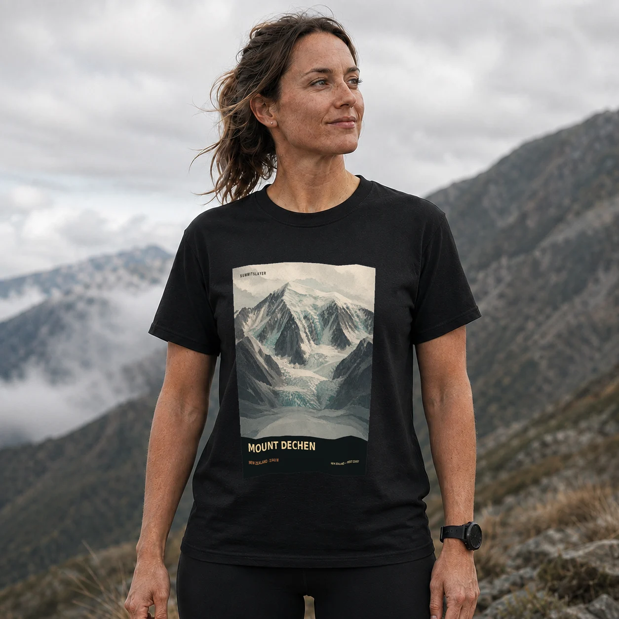 Black Mount Dechen T-shirt front with mountain artwork
