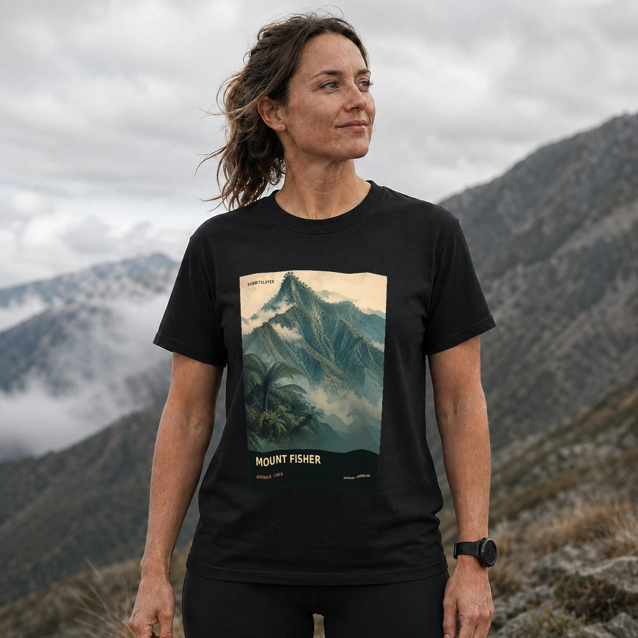 Black Mount Fisher T-shirt front with mountain artwork