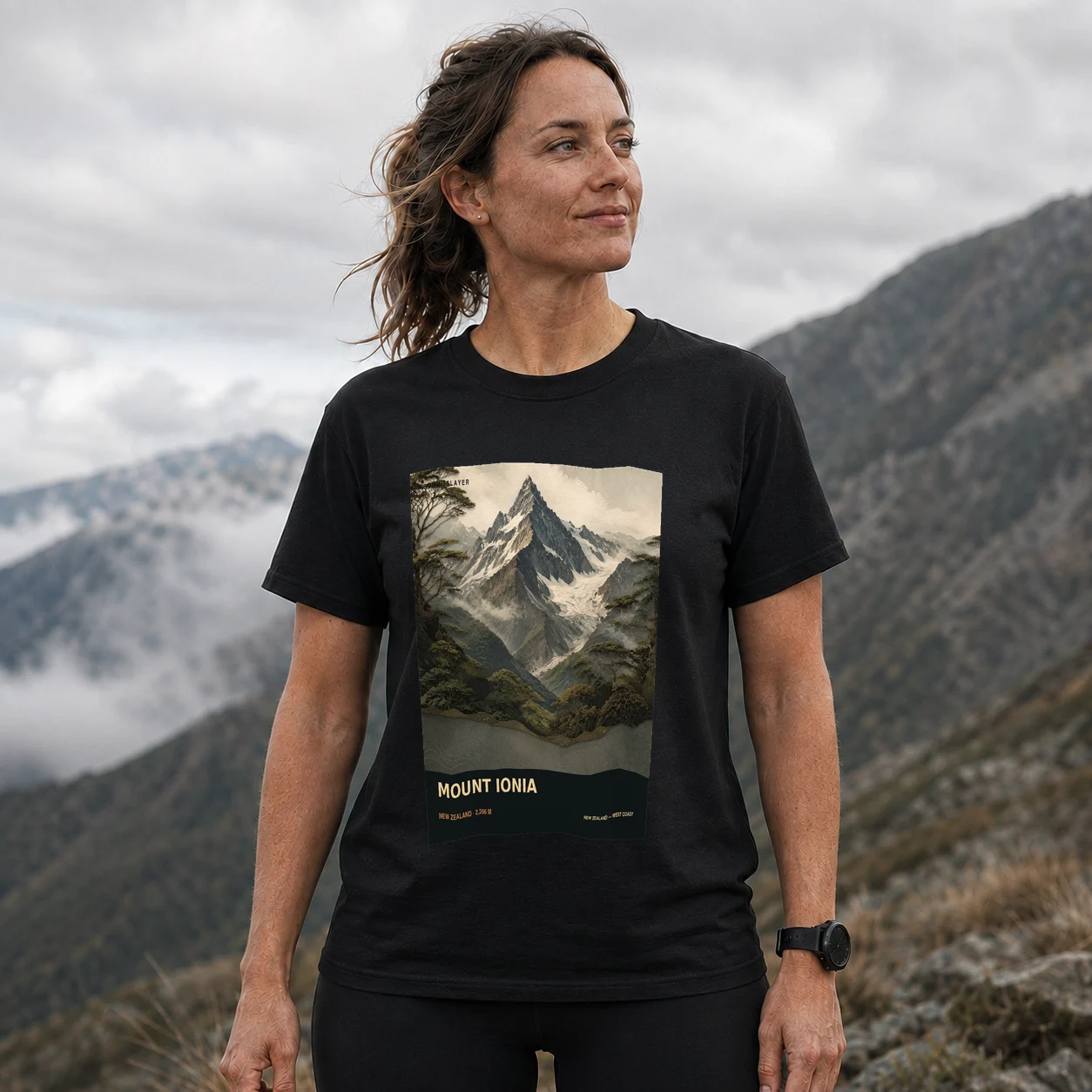 Black MOUNT IONIA T-shirt front with mountain artwork