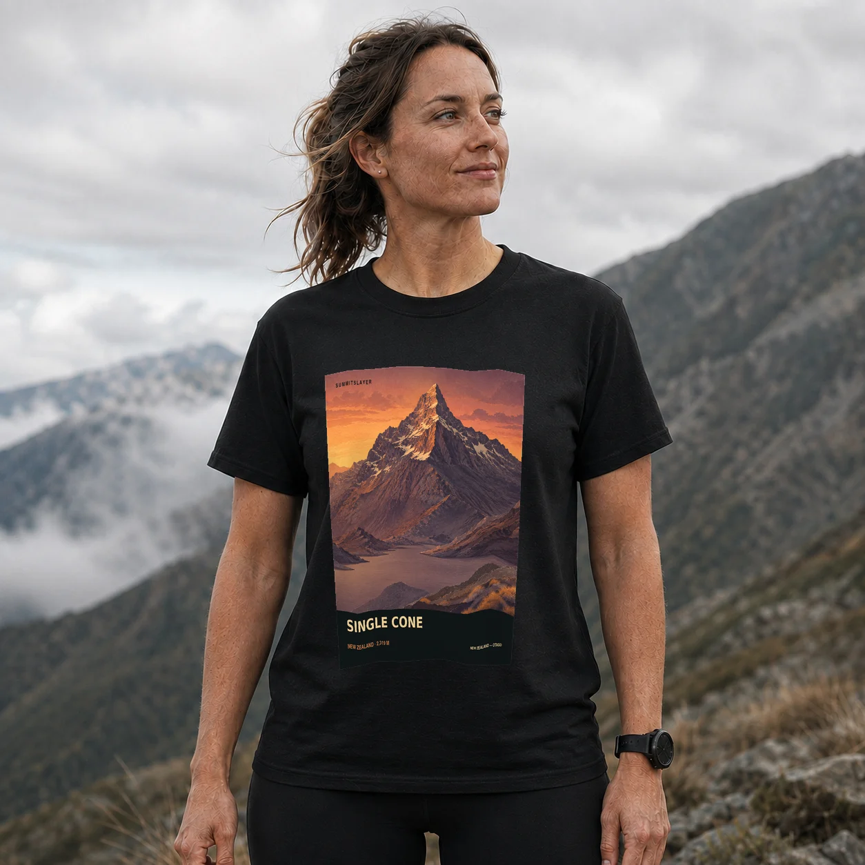 Black SINGLE CONE T-shirt front with mountain artwork