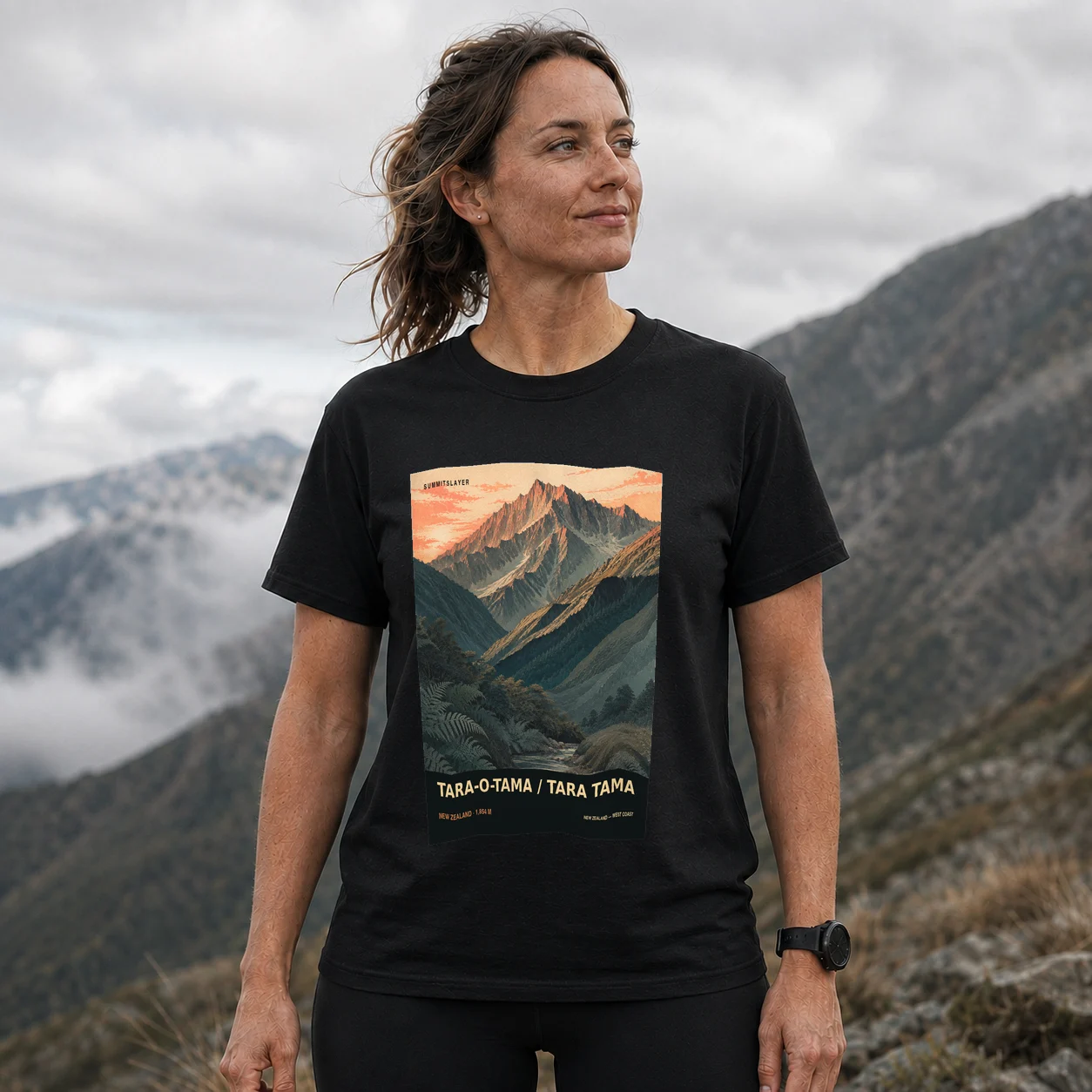 Black Tara Tama T-shirt front with mountain artwork