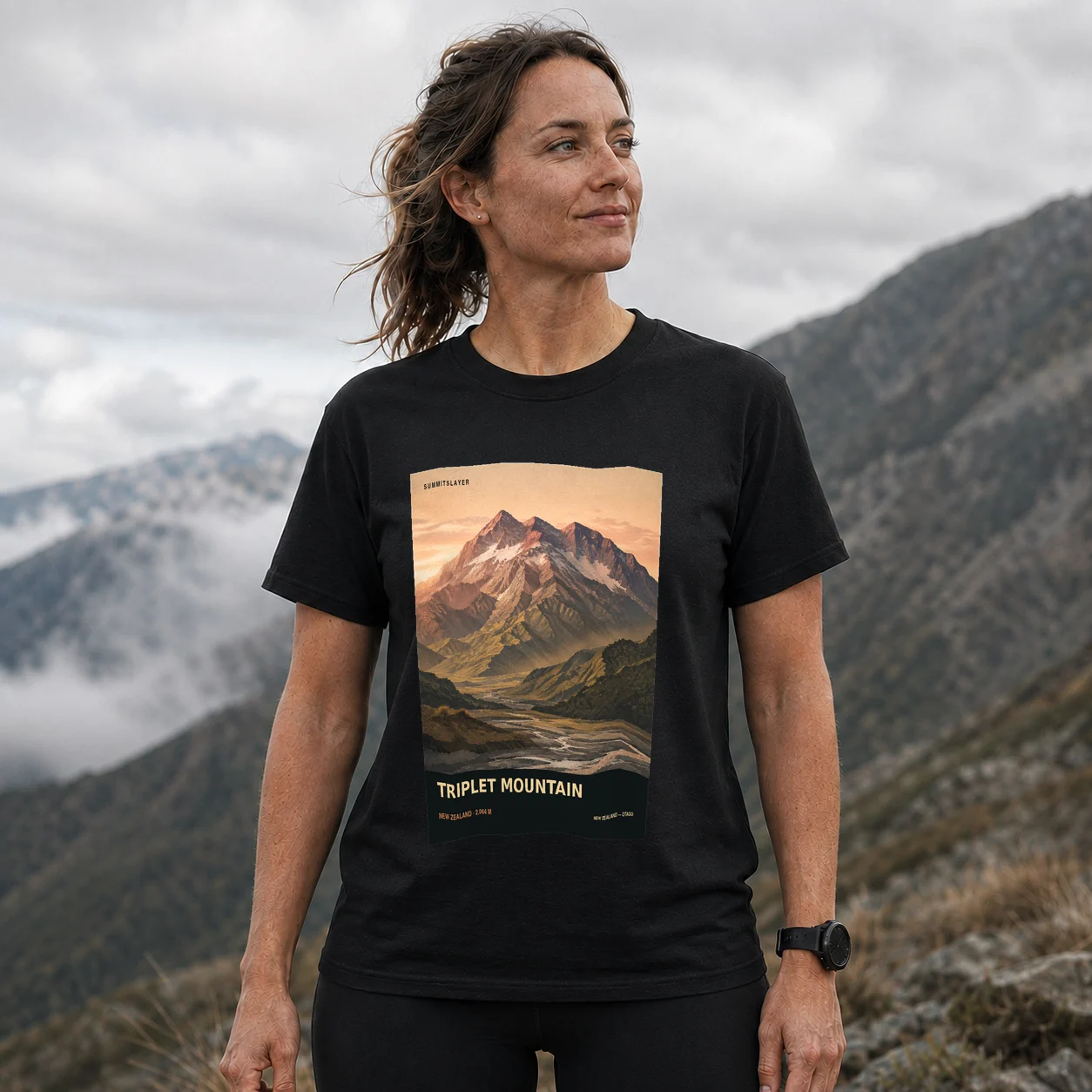 Black TRIPLET MOUNTAIN T-shirt front with mountain artwork