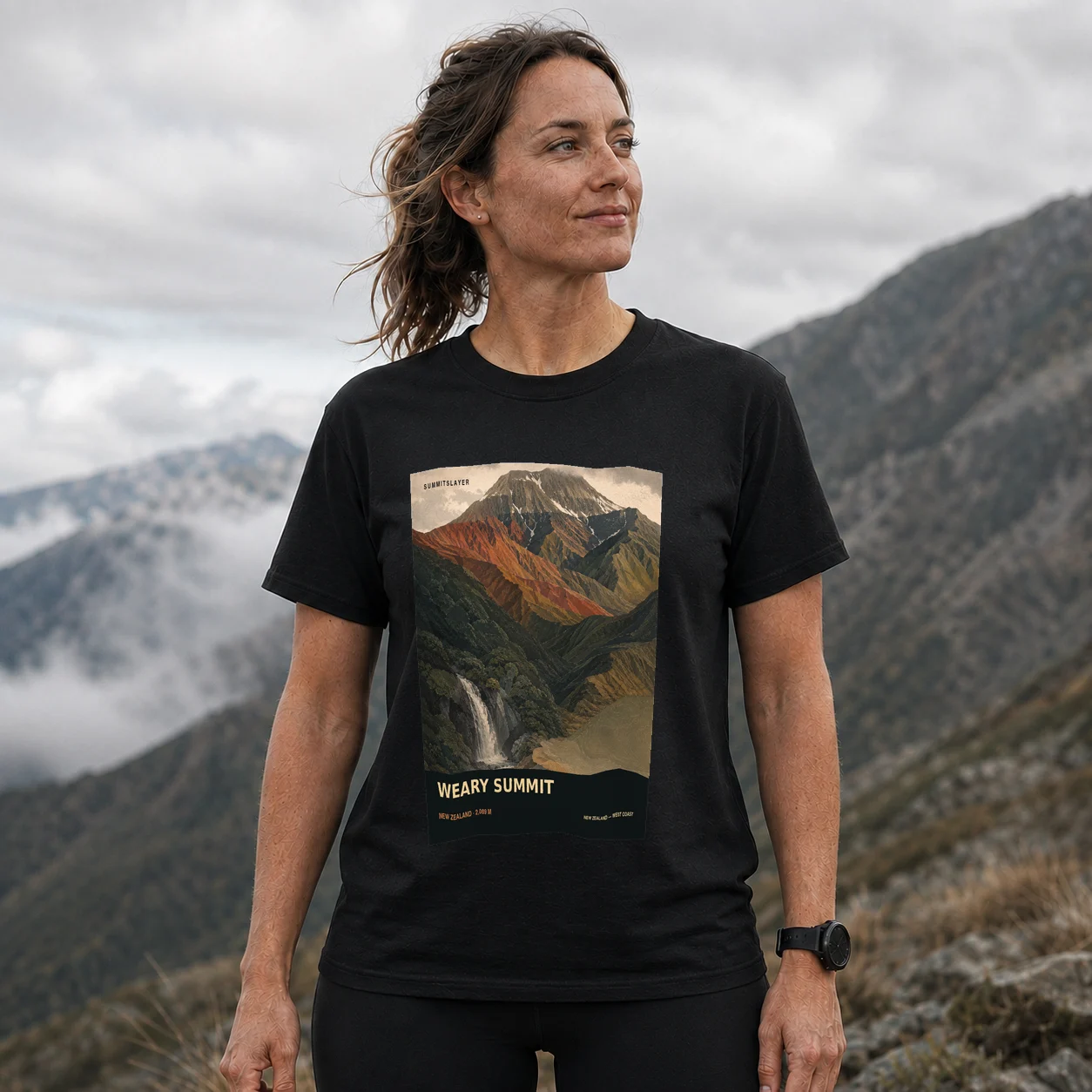 Black Weary Summit T-shirt front with mountain artwork