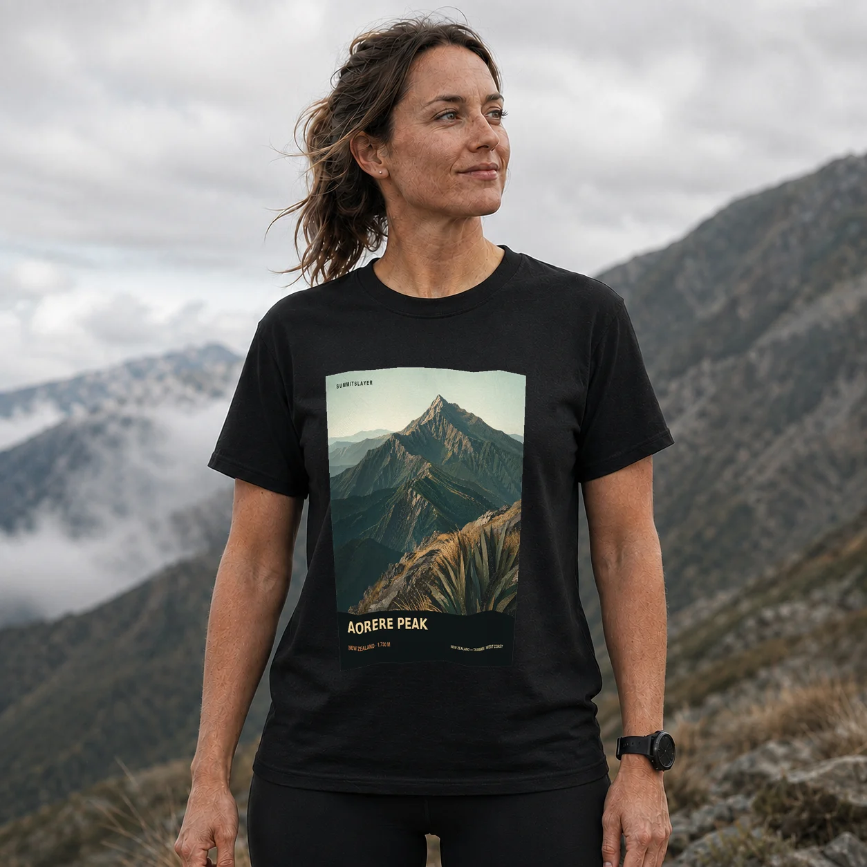 Black Aorere Peak T-shirt front with mountain artwork