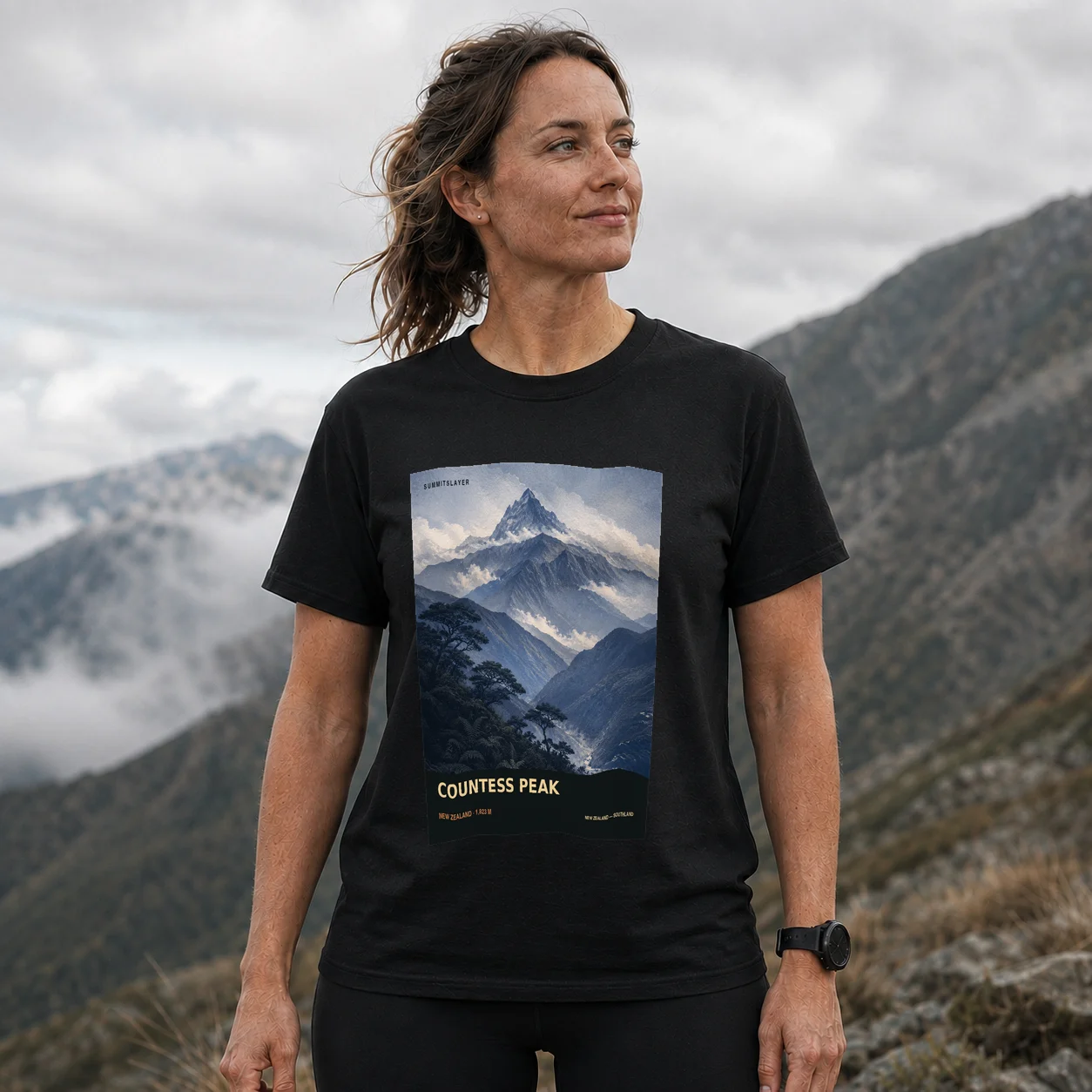 Black Countess Peak T-shirt front with mountain artwork