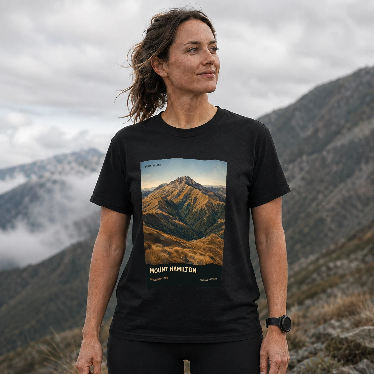 Black MOUNT HAMILTON T-shirt front with mountain artwork