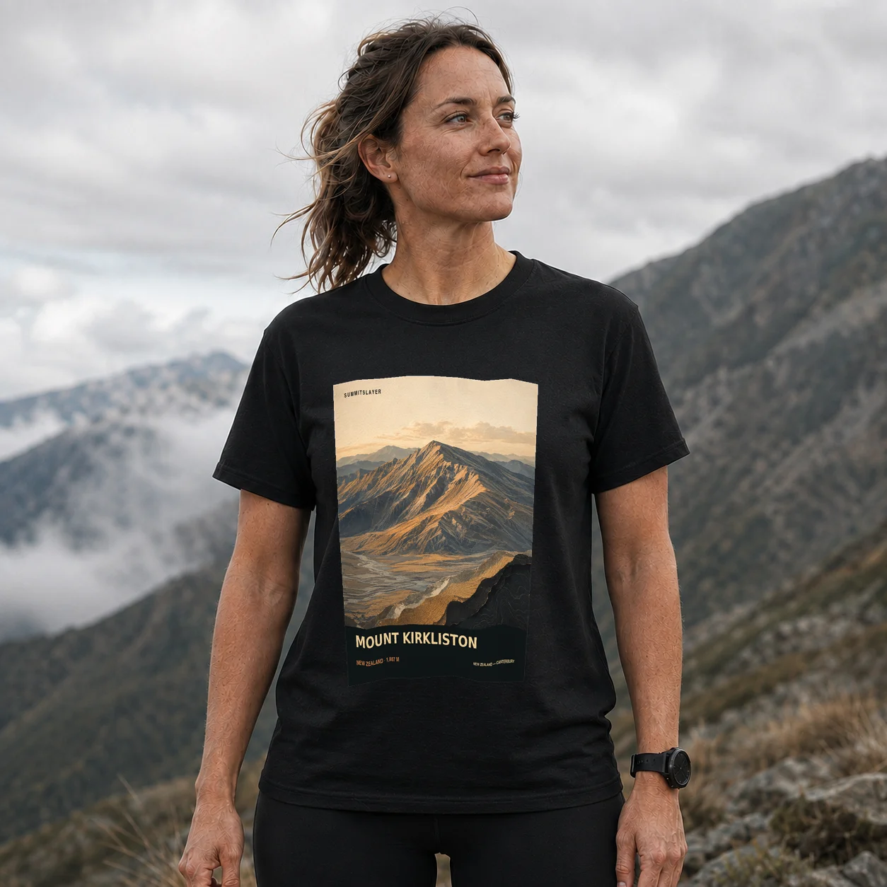 Black MOUNT KIRKLISTON T-shirt front with mountain artwork