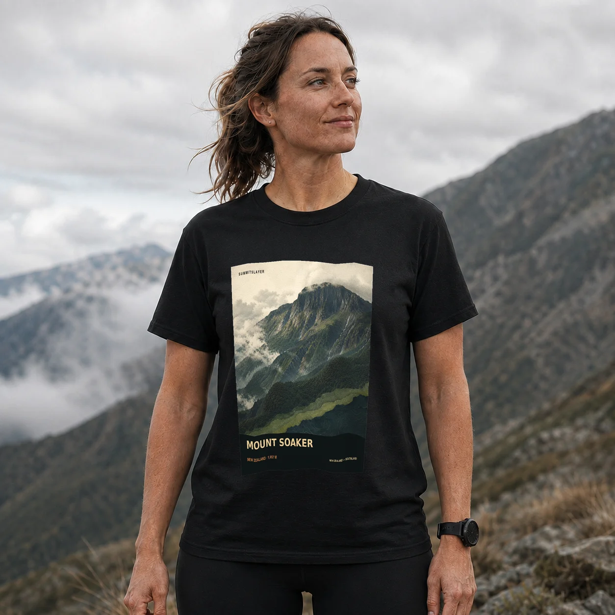 Black Mount Soaker T-shirt front with mountain artwork