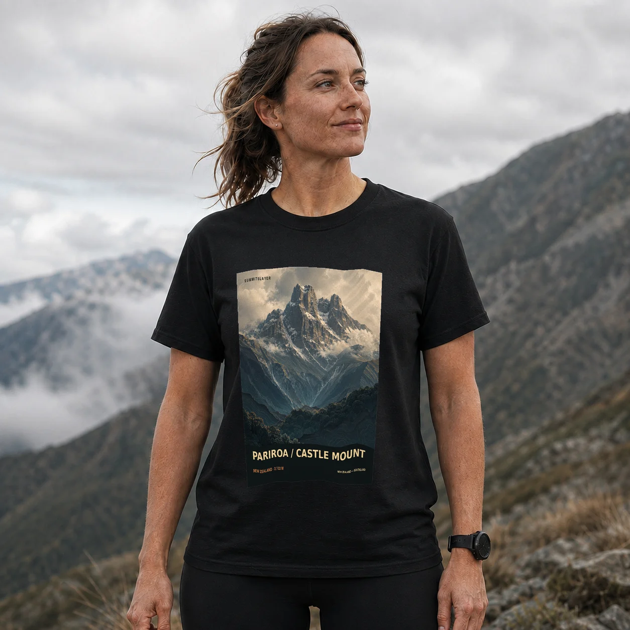Black Pariroa / Castle Mount T-shirt front with mountain artwork