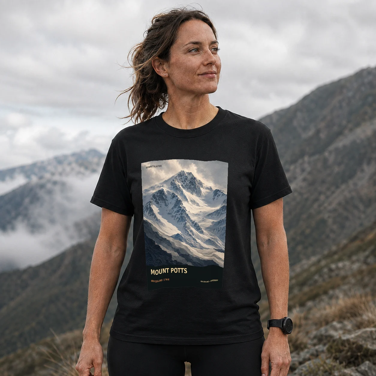 Black Potts T-shirt front with mountain artwork