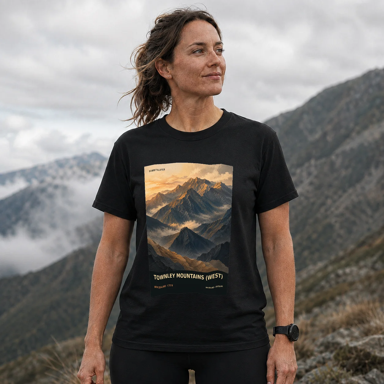 Black TOWNLEY MOUNTAINS (WEST) T-shirt front with mountain artwork