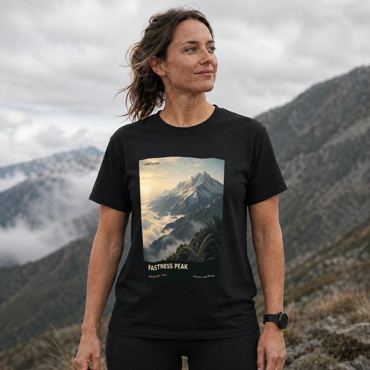 Black FASTNESS PEAK T-shirt front with mountain artwork