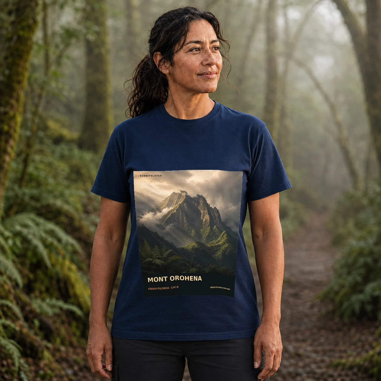Navy Mont Orohena T-shirt front with mountain artwork