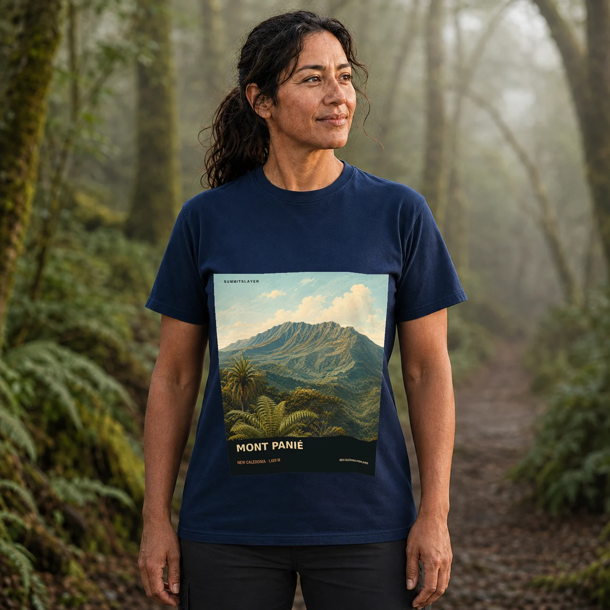 Navy Mont Panié T-shirt front with mountain artwork