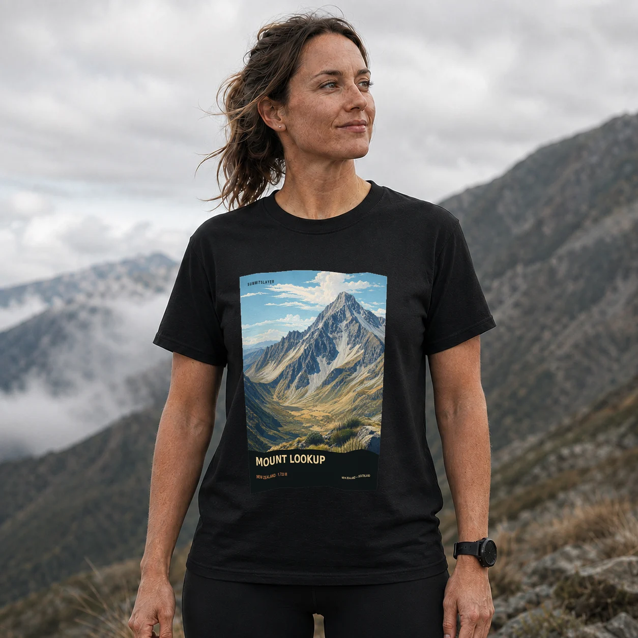 Black Mount Lookup T-shirt front with mountain artwork