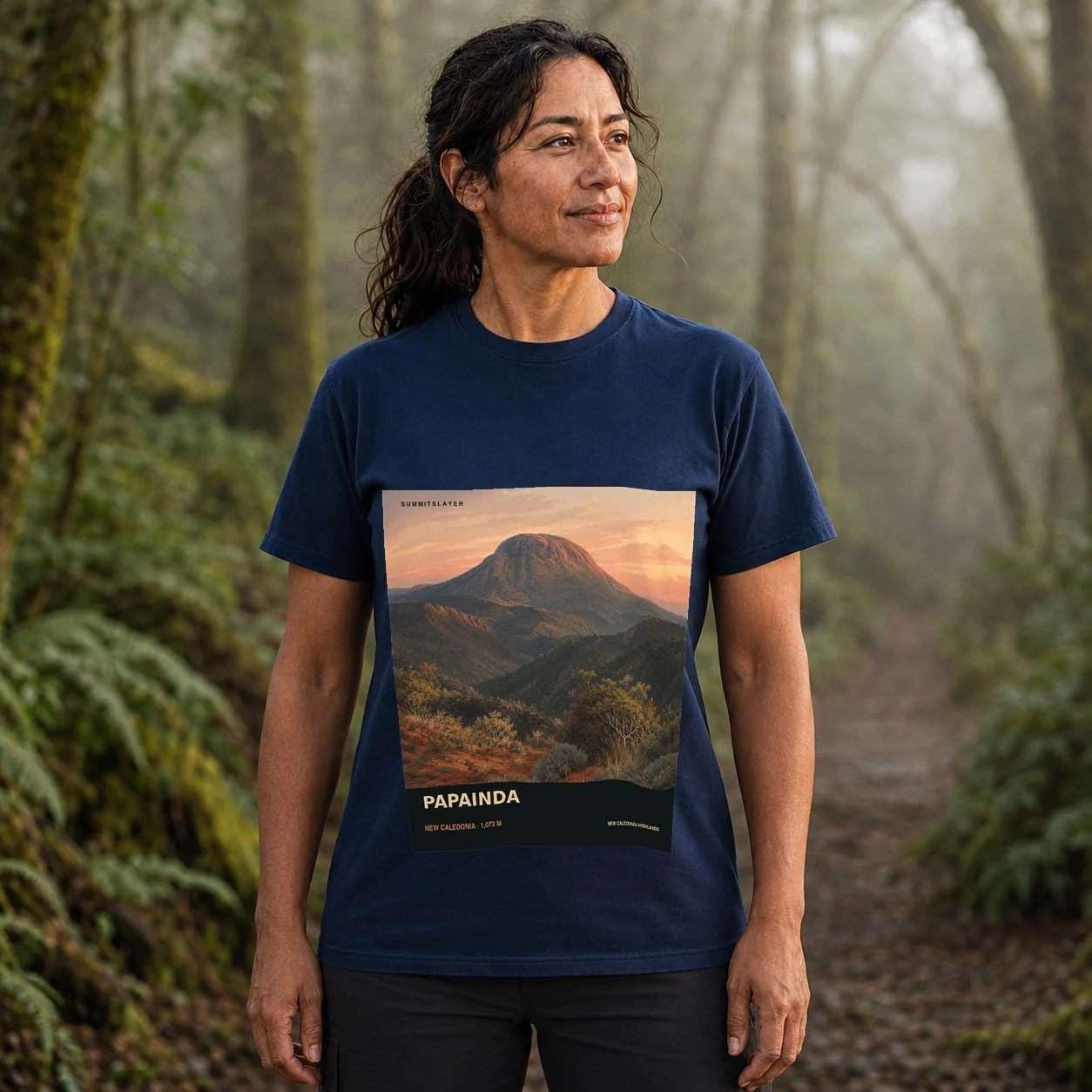 Navy PAPAINDA T-shirt front with mountain artwork
