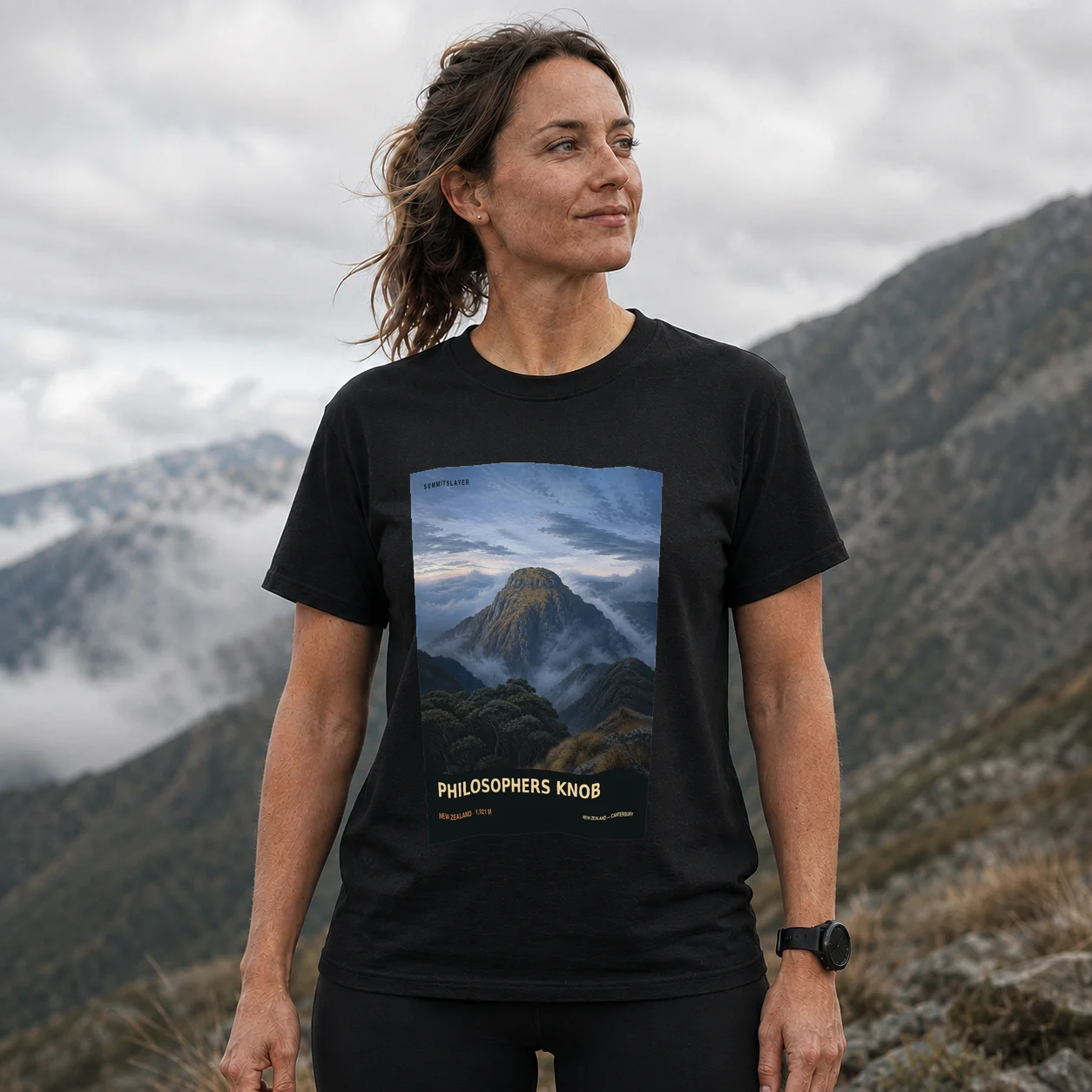 Black PHILOSOPHERS KNOB T-shirt front with mountain artwork