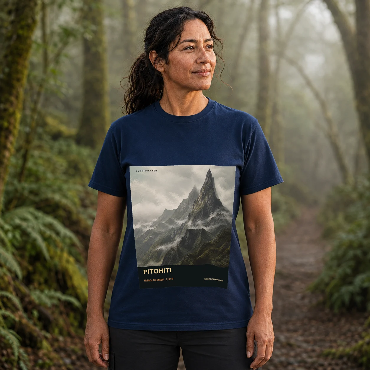Navy PITOHITI T-shirt front with mountain artwork