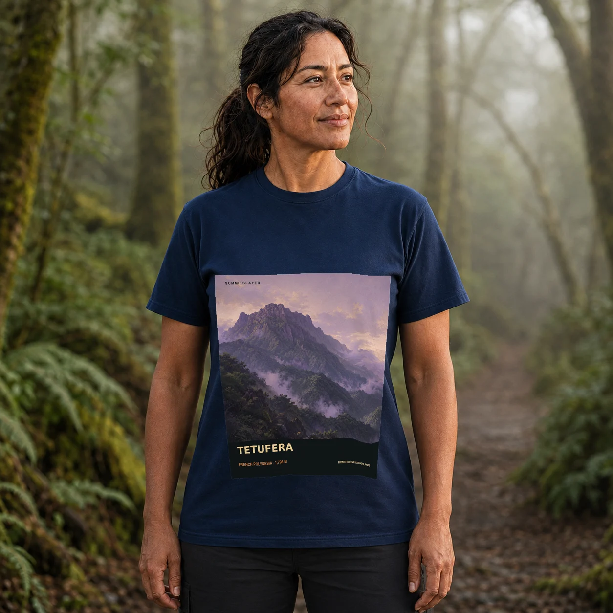 Navy Tetufera T-shirt front with mountain artwork
